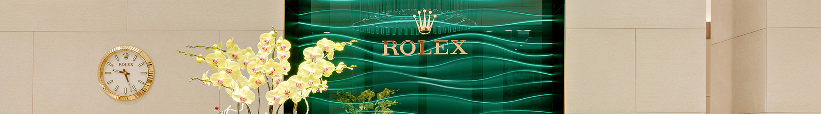 Im Rolex Showroom von Juweliere Mahlberg & Meyer gibt es eine grüne Glasvertäfelung mit einem großen goldenen Rolex Logo